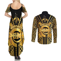 Vanuatu 46th Anniversary Of Independence Couples Matching Summer Maxi Dress and Long Sleeve Button Shirt Gold Style LT05 - Polynesian Pride
