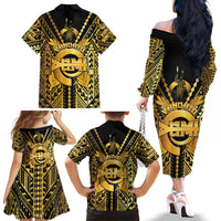 Vanuatu 46th Anniversary Of Independence Family Matching Off The Shoulder Long Sleeve Dress and Hawaiian Shirt Gold Style LT05 - Polynesian Pride