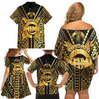 Vanuatu 45th Anniversary Of Independence Family Matching Off Shoulder Short Dress and Hawaiian Shirt Gold Style - Polynesian Pride
