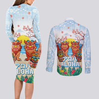 Hawaii And Japan Okinawa Couples Matching Long Sleeve Bodycon Dress and Long Sleeve Button Shirt Aloha Gozaimasu Tiki With Shisa
