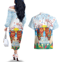 Hawaii And Japan Okinawa Couples Matching Off The Shoulder Long Sleeve Dress and Hawaiian Shirt Aloha Gozaimasu Tiki With Shisa