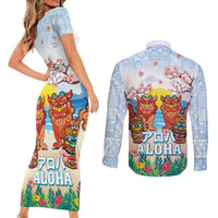 Hawaii And Japan Okinawa Couples Matching Short Sleeve Bodycon Dress and Long Sleeve Button Shirt Aloha Gozaimasu Tiki With Shisa