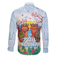 Hawaii And Japan Okinawa Family Matching Off The Shoulder Long Sleeve Dress and Hawaiian Shirt Aloha Gozaimasu Tiki With Shisa