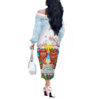 Hawaii And Japan Okinawa Off The Shoulder Long Sleeve Dress Aloha Gozaimasu Tiki With Shisa
