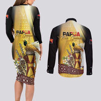 Papua New Guinea Couples Matching Long Sleeve Bodycon Dress and Long Sleeve Button Shirt 50 Years Of Independence - Polynesian Pride