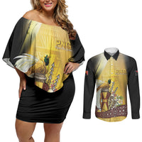 Papua New Guinea Couples Matching Off Shoulder Short Dress and Long Sleeve Button Shirt Independence Day Unique Style LT05 Gold - Polynesian Pride