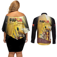 Papua New Guinea Couples Matching Off Shoulder Short Dress and Long Sleeve Button Shirt 50 Years Of Independence - Polynesian Pride