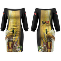 Papua New Guinea Family Matching Off The Shoulder Long Sleeve Dress and Hawaiian Shirt Independence Day Unique Style LT05 Mom's Dress Gold - Polynesian Pride