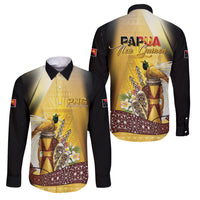 Papua New Guinea Family Matching Off The Shoulder Long Sleeve Dress and Hawaiian Shirt Independence Day Unique Style LT05 Dad's Shirt - Long Sleeve Gold - Polynesian Pride