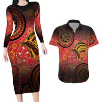 Papua New Guinea Couples Matching Long Sleeve Bodycon Dress and Hawaiian Shirt Birds Of Paradise With Aboriginal Pattern - Polynesian Pride