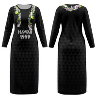 Hawaii Statehood Day Couples Matching Long Sleeve Bodycon Dress and Long Sleeve Button Shirt Kakau Pattern With Maile Pikake Honohono Lei
