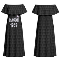Hawaii Statehood Day Couples Matching Off Shoulder Maxi Dress and Hawaiian Shirt Kakau Pattern With Maile Pikake Honohono Lei