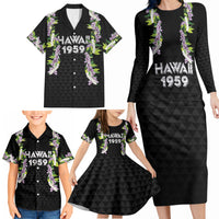 Hawaii Statehood Day Family Matching Long Sleeve Bodycon Dress and Hawaiian Shirt Kakau Pattern With Maile Pikake Honohono Lei