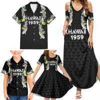Hawaii Statehood Day Family Matching Summer Maxi Dress and Hawaiian Shirt Kakau Pattern With Maile Pikake Honohono Lei