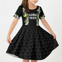 Hawaii Statehood Day Kid Short Sleeve Dress Kakau Pattern With Maile Pikake Honohono Lei