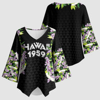 Hawaii Statehood Day Kimono Sleeve Blouse Kakau Pattern With Maile Pikake Honohono Lei