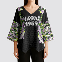 Hawaii Statehood Day Kimono Sleeve Blouse Kakau Pattern With Maile Pikake Honohono Lei