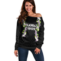 Hawaii Statehood Day Off Shoulder Sweater Kakau Pattern With Maile Pikake Honohono Lei