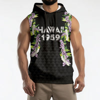 Hawaii Statehood Day Sleeveless Hoodie Kakau Pattern With Maile Pikake Honohono Lei