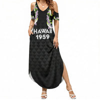 Hawaii Statehood Day Summer Maxi Dress Kakau Pattern With Maile Pikake Honohono Lei