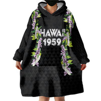 Hawaii Statehood Day Wearable Blanket Hoodie Kakau Pattern With Maile Pikake Honohono Lei