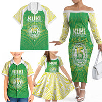 Kuki Independence 2026 Family Matching Off The Shoulder Long Sleeve Dress and Hawaiian Shirt Cook Islands 15 Finest Green Version