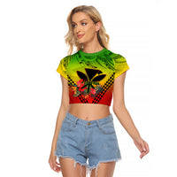 Personalized Hawaii Raglan Cropped T Shirt Kakau Kanaka Maoli With Hibiscus Flowers LT05 Female Reggae - Polynesian Pride
