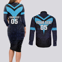 Custom Fiji Kaiviti Rugby Couples Matching Long Sleeve Bodycon Dress and Long Sleeve Button Shirt Fiji Tapa Pattern LT05 - Polynesian Pride