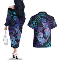 Hawaii Makahiki Turtle Couples Matching Off The Shoulder Long Sleeve Dress and Hawaiian Shirt Spiral Polynesian Tattoo