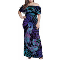 Hawaii Makahiki Turtle Family Matching Off Shoulder Maxi Dress and Hawaiian Shirt Spiral Polynesian Tattoo LT05 Mom's Dress Purple - Polynesian Pride