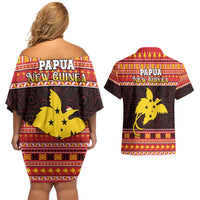 Papua New Guinea Christmas Couples Matching Off Shoulder Short Dress and Hawaiian Shirt Santa Raggiana
