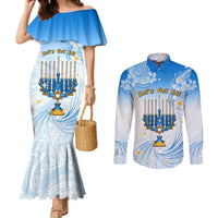 Polynesia Hanukkah Festival Couples Matching Mermaid Dress and Long Sleeve Button Shirt With Menorah Polynesian Style LT05 Blue - Polynesian Pride