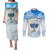 Polynesia Hanukkah Festival Couples Matching Puletasi Dress and Long Sleeve Button Shirt With Menorah Polynesian Style LT05 Blue - Polynesian Pride