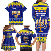 Personalised Polynesia Christmukkah Family Matching Long Sleeve Bodycon Dress and Hawaiian Shirt Menorah With Polynesian Tribal Pattern LT05 - Polynesian Pride