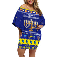Personalised Polynesia Christmukkah Off Shoulder Short Dress Menorah With Polynesian Tribal Pattern LT05 Women Blue - Polynesian Pride