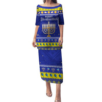 Personalised Polynesia Christmukkah Puletasi Menorah With Polynesian Tribal Pattern LT05 Long Dress Blue - Polynesian Pride