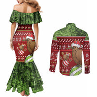 New Zealand Kiwi Christmas Couples Matching Mermaid Dress and Long Sleeve Button Shirt Paua Shell Glitter Green