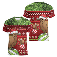 New Zealand Kiwi Christmas Women V-Neck T-Shirt Paua Shell Glitter Green