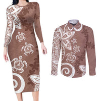 Polynesia Couples Matching Long Sleeve Bodycon Dress and Long Sleeve Button Shirt Brown Tribal Turtle Floral Pattern