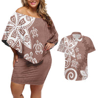 Polynesia Couples Matching Off Shoulder Short Dress and Hawaiian Shirt Brown Tribal Turtle Floral Pattern