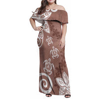 Polynesia Family Matching Off Shoulder Maxi Dress and Hawaiian Shirt Brown Tribal Turtle Floral Pattern