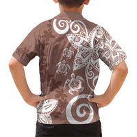 Polynesia Kid Hawaiian Shirt Brown Tribal Turtle Floral Pattern