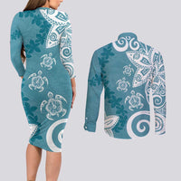Polynesia Couples Matching Long Sleeve Bodycon Dress and Long Sleeve Button Shirt Hippie Blue Tribal Turtle Floral Pattern