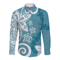 Polynesia Long Sleeve Button Shirt Hippie Blue Tribal Turtle Floral Pattern