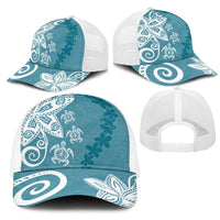 Polynesia Mesh Trucker Cap Hippie Blue Tribal Turtle Floral Pattern - Polynesian Pride