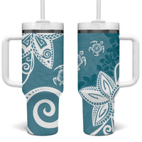 Polynesia Tumbler With Handle Hippie Blue Tribal Turtle Floral Pattern