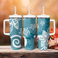 Polynesia Tumbler With Handle Hippie Blue Tribal Turtle Floral Pattern