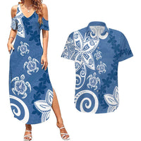Polynesia Couples Matching Summer Maxi Dress and Hawaiian Shirt Blue Tribal Turtle Floral Pattern