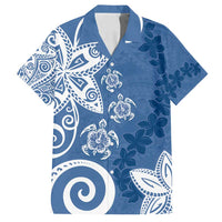 Polynesia Family Matching Puletasi and Hawaiian Shirt Blue Tribal Turtle Floral Pattern LT05 Dad's Shirt - Short Sleeve Blue - Polynesian Pride