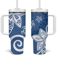 Polynesia Tumbler With Handle Blue Tribal Turtle Floral Pattern
